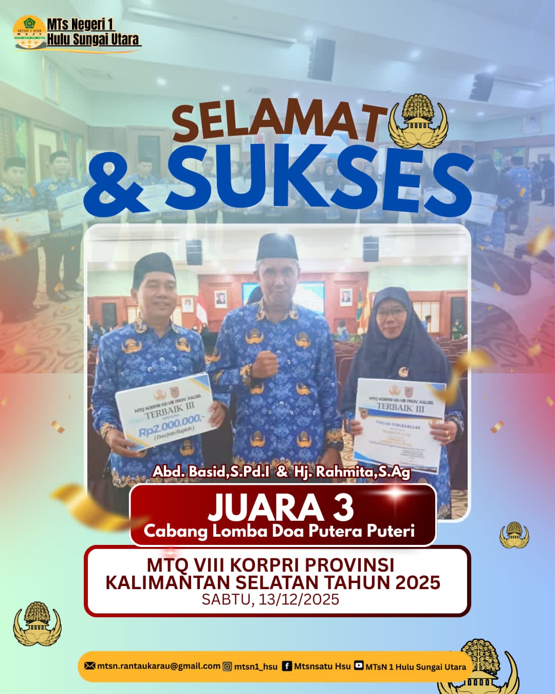 2 Pendidik MTsN 1 HSU Raih Juara 3 Lomba Membaca Doa MTQ KORPRI KE-VIII Tahun 2025