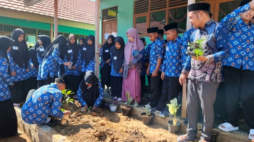 Wujudkan Ekoteologi, Murid Baru MTsN 1 HSU Gotong Royong dan Tanam Terong-Cabe di Taman Kelas