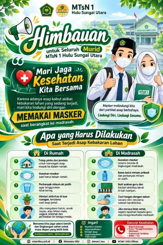 Waspada Kabut Asap, MTsN 1 HSU Himbau Seluruh Warga Madrasah Gunakan Masker Selama Beraktivitas Waspada Kabut Asap, MTsN 1 HSU Himbau Seluruh Warga Madrasah Gunakan Masker Selama Beraktivitas